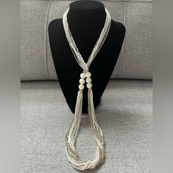 VINTAGE Flapper long Glass beaded necklace or choker White glass silver Glamour - Picture 11 of 11